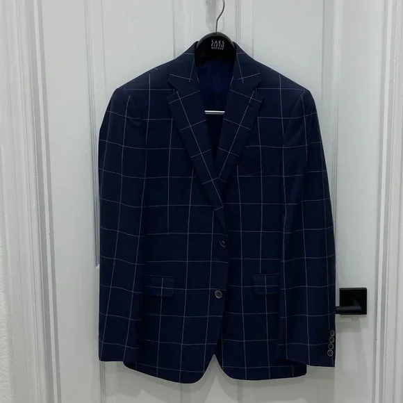 Saks Fifth Avenue Navy Blue Windowpane Blazer Slim Fit 40R